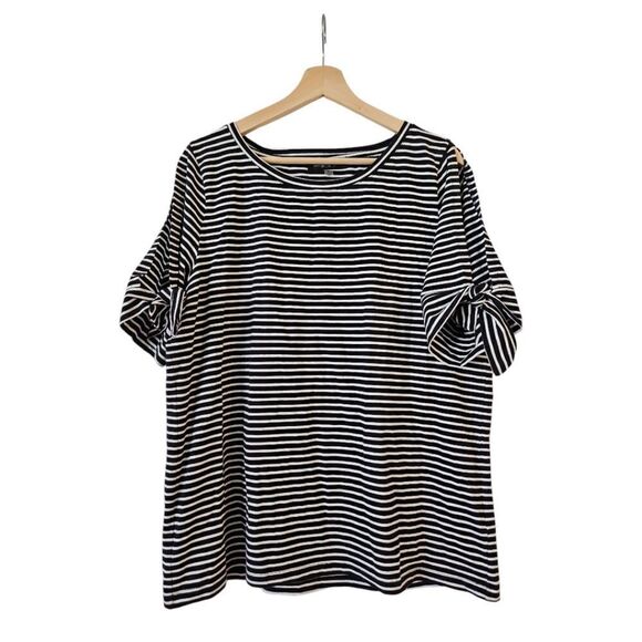 August Silk Cotton Blend Crew Neck Black White Tie Sleeve Tee Size L - Picture 1 of 7